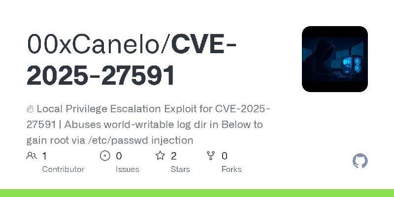 GitHub - 00xCanelo/CVE-2025-27591: 🔥 Local Privilege Escalation Exploit for CVE-2025-27591 | Abuses world-writable log dir in Below…