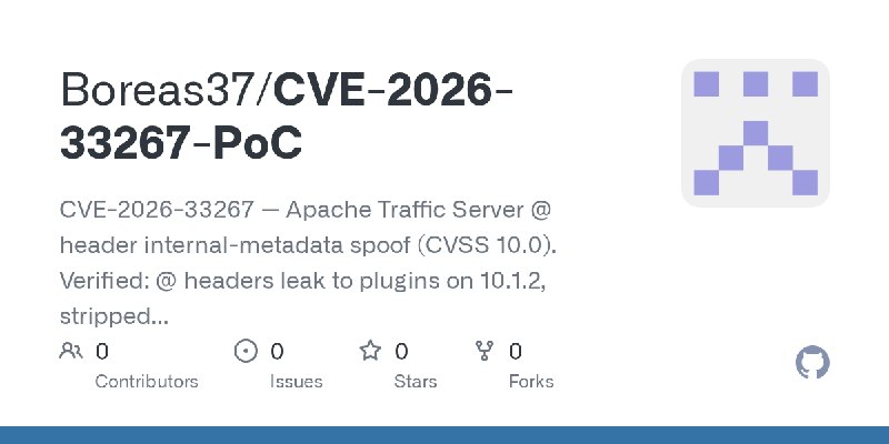 GitHub - Boreas37/CVE-2026-33267-PoC: CVE-2026-33267 — Apache Traffic Server @ header internal-metadata spoof (CVSS 10.0). Verified:…