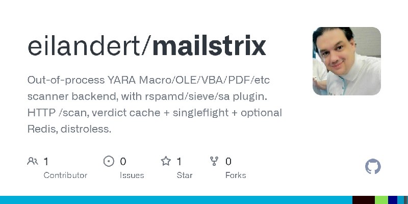 GitHub - eilandert/mailstrix: Out-of-process YARA Macro/OLE/VBA/PDF/etc scanner backend, with rspamd/sieve/sa plugin. HTTP /scan…
