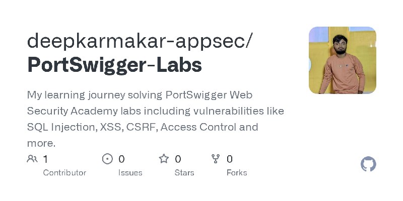 GitHub - deepkarmakar-appsec/PortSwigger-Labs: My learning journey solving PortSwigger Web Security Academy labs including vulnerabilities…