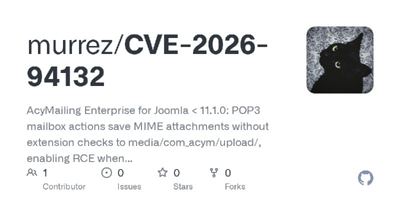 GitHub - murrez/CVE-2026-94132: AcyMailing Enterprise for Joomla < 11.1.0: POP3 mailbox actions save MIME attachments without extension…