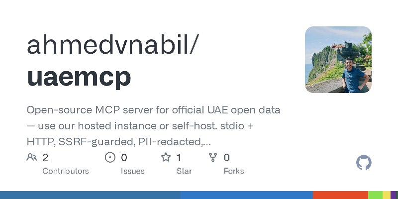 GitHub - ahmedvnabil/uaemcp: Open-source MCP server for official UAE open data — use our hosted instance or self-host. stdio +…