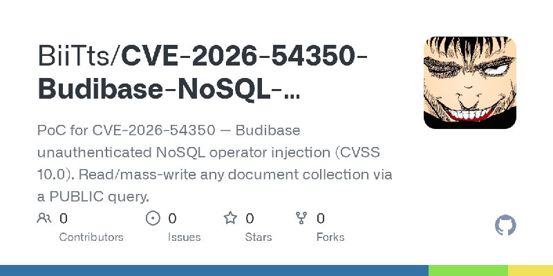 GitHub - BiiTts/CVE-2026-54350-Budibase-NoSQL-Injection: PoC for CVE-2026-54350 — Budibase unauthenticated NoSQL operator injection…