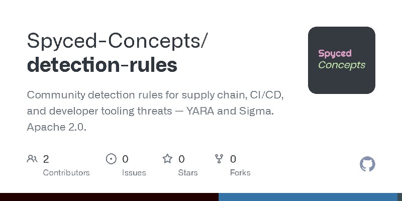 GitHub - Spyced-Concepts/detection-rules: Community detection rules for supply chain, CI/CD, and developer tooling threats — YARA…