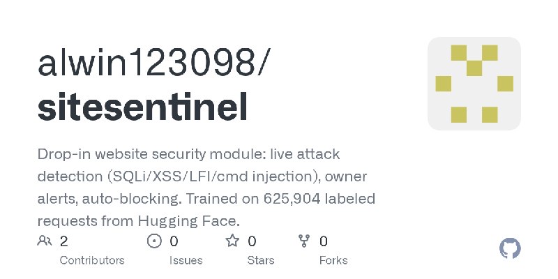 GitHub - alwin123098/sitesentinel: Drop-in website security module: live attack detection (SQLi/XSS/LFI/cmd injection), owner alerts…