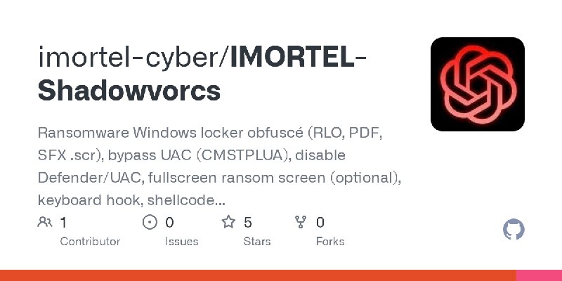GitHub - imortel-cyber/IMORTEL-Shadowvorcs: Ransomware Windows locker obfuscé (RLO, PDF, SFX .scr), bypass UAC (CMSTPLUA), disable…