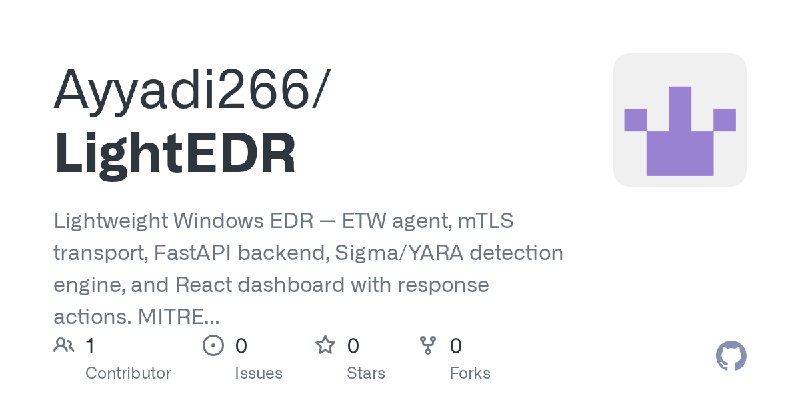 GitHub - Ayyadi266/LightEDR: Lightweight Windows EDR — ETW agent, mTLS transport, FastAPI backend, Sigma/YARA detection engine…