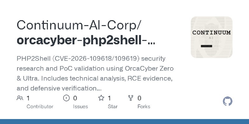 GitHub - Continuum-AI-Corp/orcacyber-php2shell-research: PHP2Shell (CVE-2026-109618/109619) security research and PoC validation…