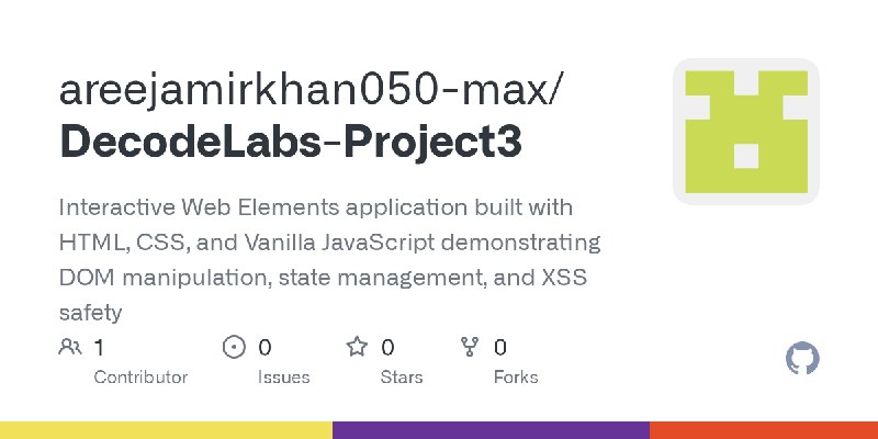 GitHub - areejamirkhan050-max/DecodeLabs-Project3: Interactive Web Elements application built with HTML, CSS, and Vanilla JavaScript…