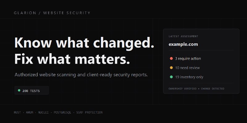 GitHub - AurelioAvila/glarion: Authorized website security scanner for agencies, with ownership verification, SSRF protection,…