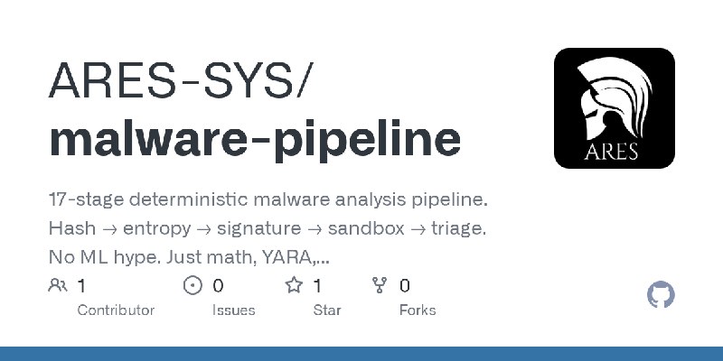 GitHub - ARES-SYS/malware-pipeline: 17-stage deterministic malware analysis pipeline. Hash → entropy → signature → sandbox → triage.…
