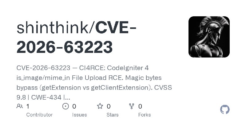 GitHub - shinthink/CVE-2026-63223: CVE-2026-63223 — CI4RCE: CodeIgniter 4 is_image/mime_in File Upload RCE. Magic bytes bypass…