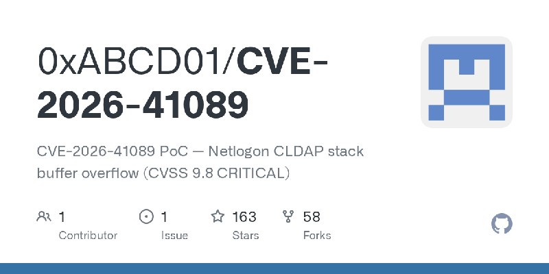 GitHub - 0xABCD01/CVE-2026-41089: CVE-2026-41089 PoC — Netlogon CLDAP stack buffer overflow (CVSS 9.8 CRITICAL)