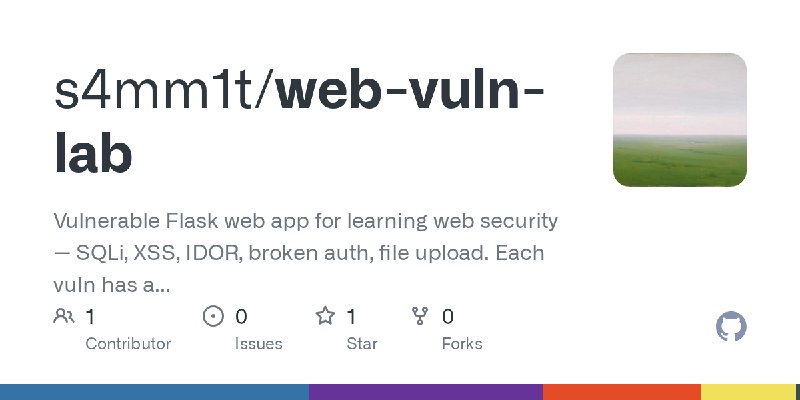 GitHub - s4mm1t/web-vuln-lab: Vulnerable Flask web app for learning web security — SQLi, XSS, IDOR, broken auth, file upload. Each…