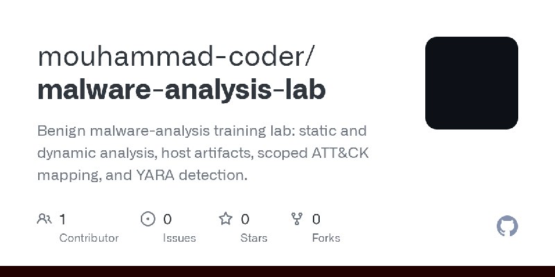 GitHub - mouhammad-coder/malware-analysis-lab: Benign malware-analysis training lab: static and dynamic analysis, host artifacts…
