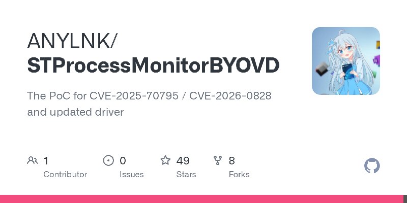 GitHub - ANYLNK/STProcessMonitorBYOVD: The PoC for CVE-2025-70795 / CVE-2026-0828 and updated driver