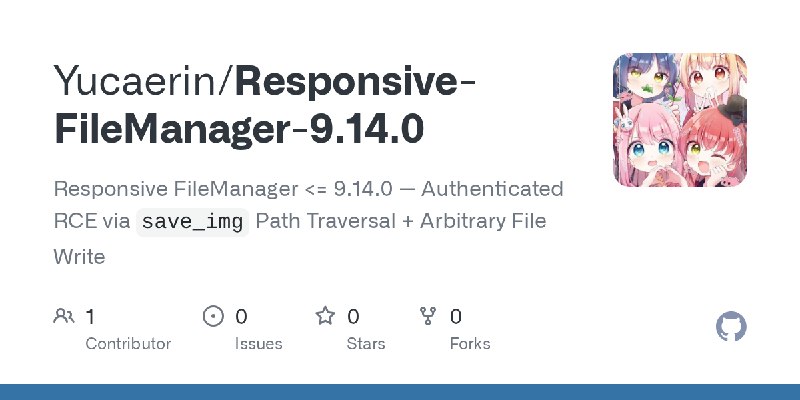 GitHub - Yucaerin/Responsive-FileManager-9.14.0: Responsive FileManager <= 9.14.0 — Authenticated RCE via `save_img` Path Traversal…