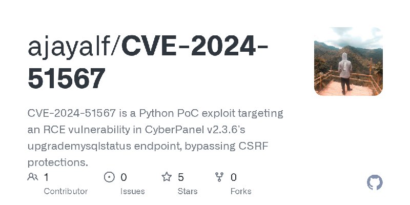 GitHub - ajayalf/CVE-2024-51567: CVE-2024-51567 is a Python PoC exploit targeting an RCE vulnerability in CyberPanel v2.3.6’s …