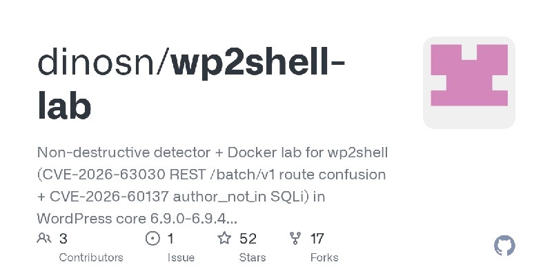 GitHub - dinosn/wp2shell-lab: Non-destructive detector + Docker lab for wp2shell (CVE-2026-63030 REST /batch/v1 route confusion…