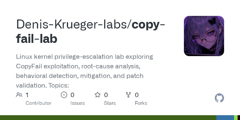 GitHub - Denis-Krueger-labs/copy-fail-lab: Linux kernel privilege-escalation lab exploring CopyFail exploitation, root-cause analysis…