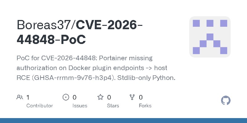 GitHub - Boreas37/CVE-2026-44848-PoC: PoC for CVE-2026-44848: Portainer missing authorization on Docker plugin endpoints -> host…