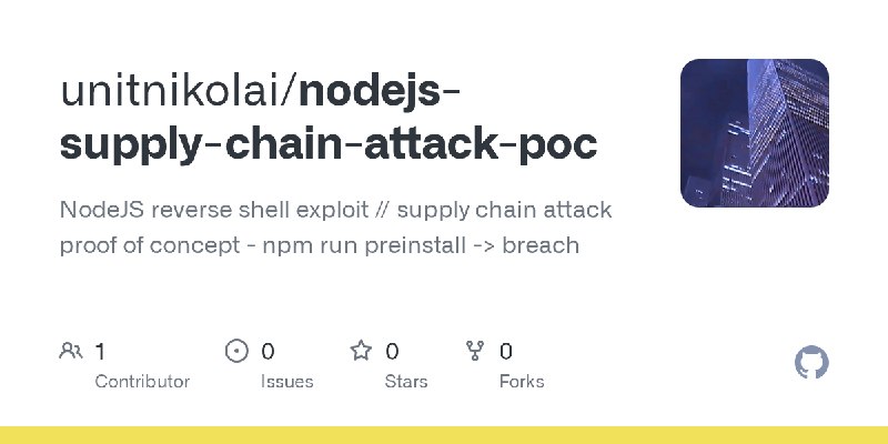 GitHub - unitnikolai/nodejs-supply-chain-attack-poc: NodeJS reverse shell exploit // supply chain attack proof of concept - npm…