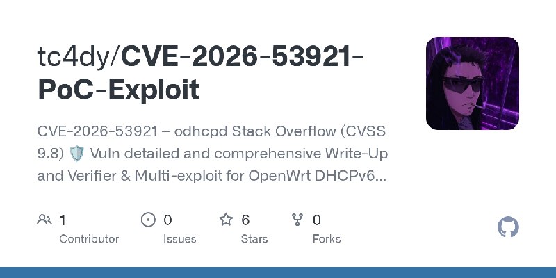 GitHub - tc4dy/CVE-2026-53921-PoC-Exploit: CVE-2026-53921 – odhcpd Stack Overflow (CVSS 9.8) 🛡️  Vuln detailed and comprehensive…