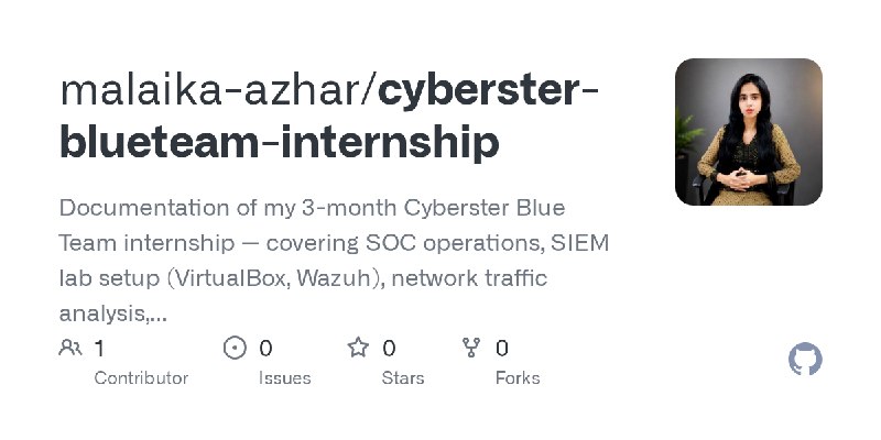 GitHub - malaika-azhar/cyberster-blueteam-internship: Documentation of my 3-month Cyberster Blue Team internship — covering SOC…
