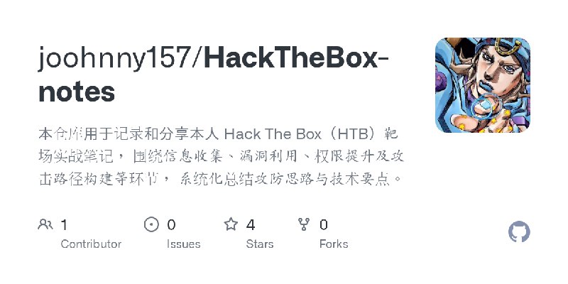 GitHub - joohnny157/HackTheBox-notes: 本仓库用于记录和分享本人 Hack The Box（HTB）靶场实战笔记， 围绕信息收集、漏洞利用、权限提升及攻击路径构建等环节， 系统化总结攻防思路与技术要点。