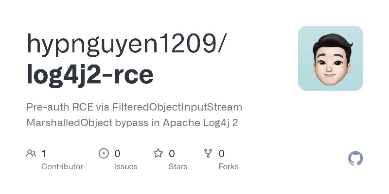 GitHub - hypnguyen1209/log4j2-rce: Pre-auth RCE via FilteredObjectInputStream MarshalledObject bypass in Apache Log4j 2