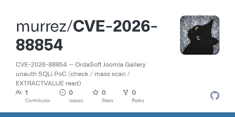 GitHub - murrez/CVE-2026-88854: CVE-2026-88854 — OrdaSoft Joomla Gallery unauth SQLi PoC (check / mass scan / EXTRACTVALUE read)