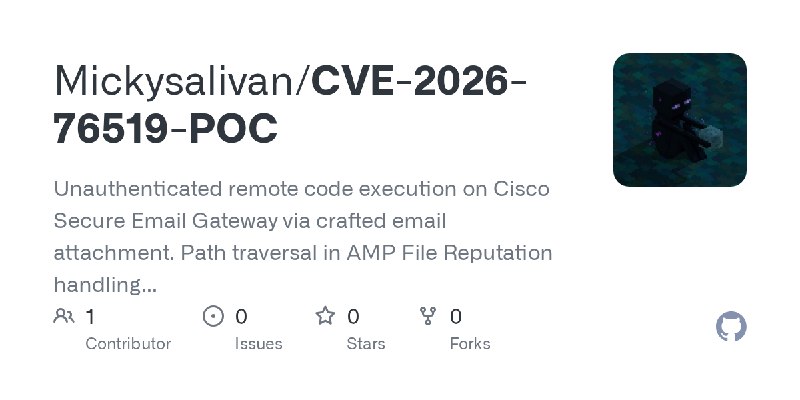 GitHub - Mickysalivan/CVE-2026-76519-POC: Unauthenticated remote code execution on Cisco Secure Email Gateway via crafted email…