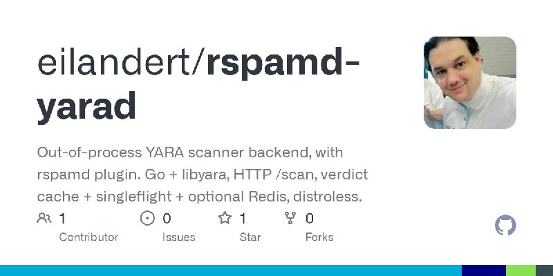 GitHub - eilandert/rspamd-yarad: Out-of-process YARA scanner backend, with rspamd plugin. Go + libyara, HTTP /scan, verdict cache…
