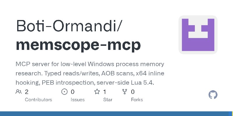 GitHub - Boti-Ormandi/memscope-mcp: MCP server for low-level Windows process memory research. Typed reads/writes, AOB scans, x64…