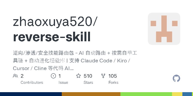 GitHub - zhaoxuya520/reverse-skill: 逆向/渗透/安全技能路由包 - AI 自动路由 + 按需自举工具链 + 自动进化经验库 | 支持 Claude Code / Kiro / Cursor / Cline 等代码 AI…