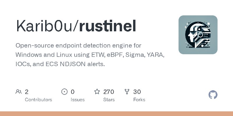 GitHub - Karib0u/rustinel: Open-source endpoint detection engine for Windows and Linux using ETW, eBPF, Sigma, YARA, IOCs, and…