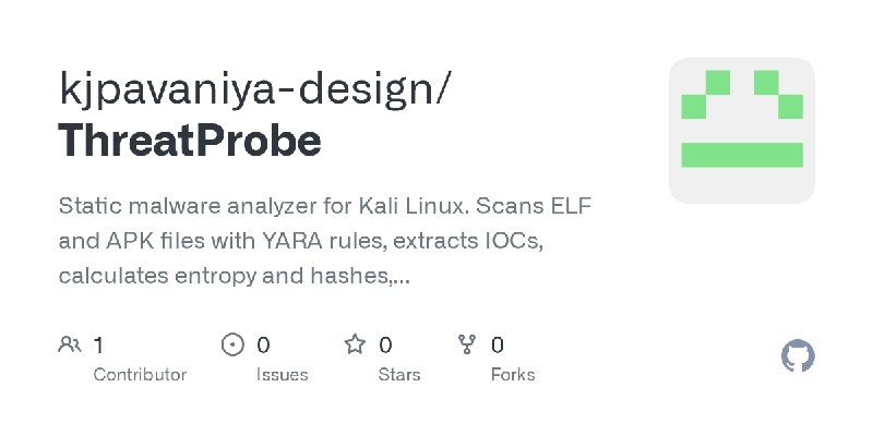 GitHub - kjpavaniya-design/ThreatProbe: Static malware analyzer for Kali Linux. Scans ELF and APK files with YARA rules, extracts…