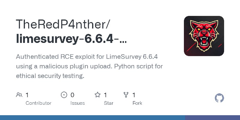 GitHub - TheRedP4nther/limesurvey-6.6.4-authenticated-rce: Authenticated RCE exploit for LimeSurvey 6.6.4 using a malicious plugin…