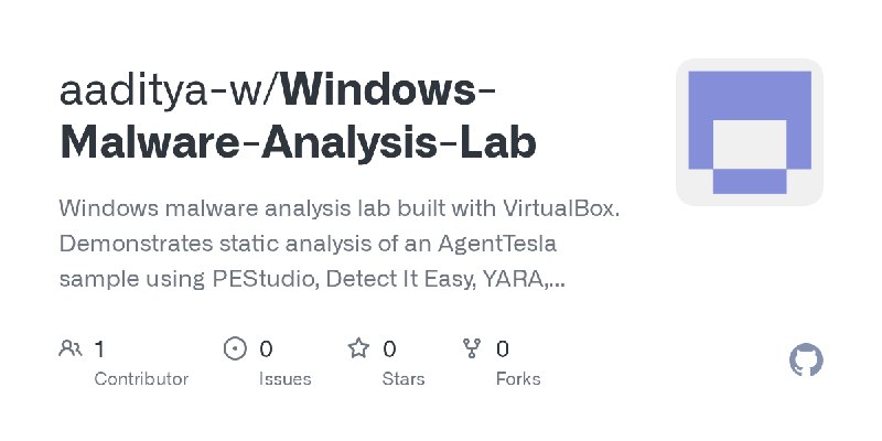 GitHub - aaditya-w/Windows-Malware-Analysis-Lab: Windows malware analysis lab built with VirtualBox. Demonstrates static analysis…