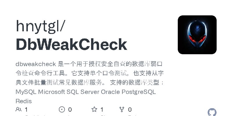 GitHub - hnytgl/DbWeakCheck: dbweakcheck 是一个用于授权安全自查的数据库弱口令检查命令行工具。它支持单个口令测试，也支持从字典文件批量测试常见数据库服务。  支持的数据库类型：  MySQL Microsoft SQL…