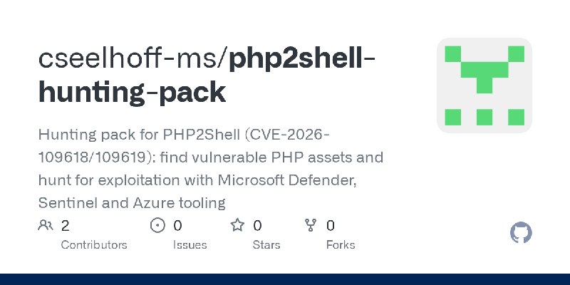 GitHub - cseelhoff-ms/php2shell-hunting-pack: Hunting pack for PHP2Shell (CVE-2026-109618/109619): find vulnerable PHP assets and…