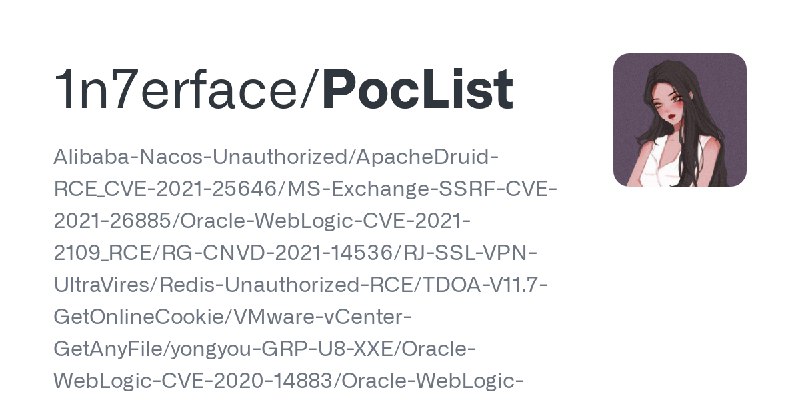 GitHub - 1n7erface/PocList: Alibaba-Nacos-Unauthorized/ApacheDruid-RCE_CVE-2021-25646/MS-Exchange-SSRF-CVE-2021-26885/Oracle-WebLogic…