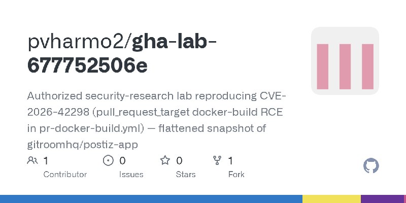 GitHub - pvharmo2/gha-lab-677752506e: Authorized security-research lab reproducing CVE-2026-42298 (pull_request_target docker-build…