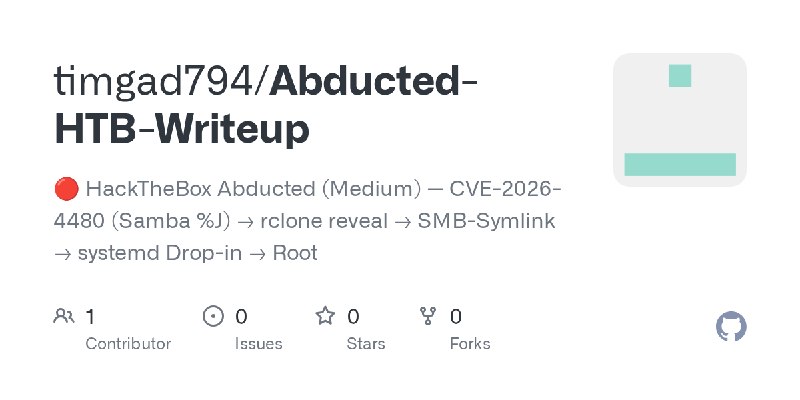 GitHub - timgad794/Abducted-HTB-Writeup: 🔴 HackTheBox Abducted (Medium) — CVE-2026-4480 (Samba %J) → rclone reveal → SMB-Symlink…