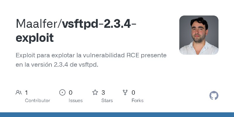 GitHub - Maalfer/vsftpd-2.3.4-exploit: Exploit para explotar la vulnerabilidad RCE presente en la versión 2.3.4 de vsftpd.