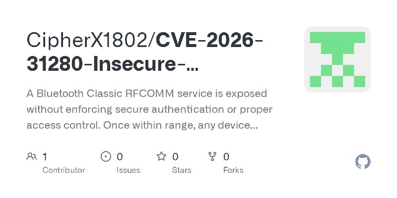 GitHub - CipherX1802/CVE-2026-31280-Insecure-Bluetooth-RFCOMM-Leading-to-Device-Crash-in-Parani-M10-Intercom: A Bluetooth Classic…