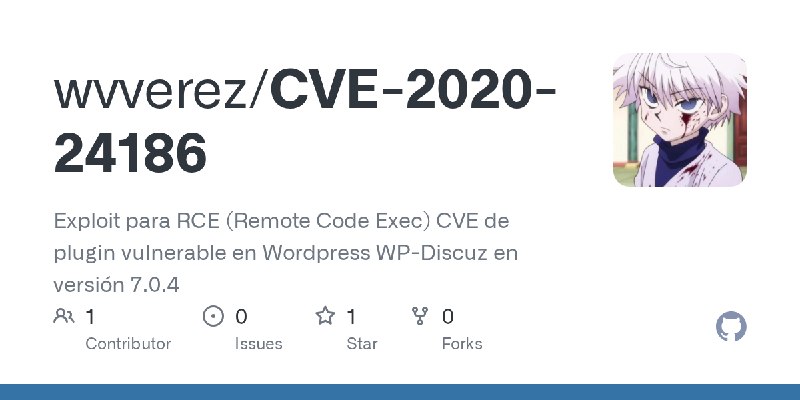 GitHub - wvverez/CVE-2020-24186: Exploit para RCE (Remote Code Exec) CVE de plugin vulnerable en Wordpress WP-Discuz en versión…