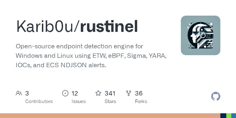 GitHub - Karib0u/rustinel: Open-source endpoint detection engine for Windows and Linux using ETW, eBPF, Sigma, YARA, IOCs, and…