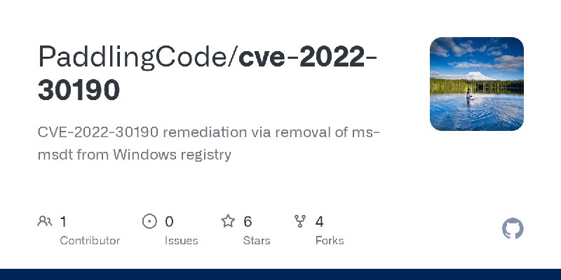 GitHub - PaddlingCode/cve-2022-30190: CVE-2022-30190 remediation via removal of ms-msdt from Windows registry