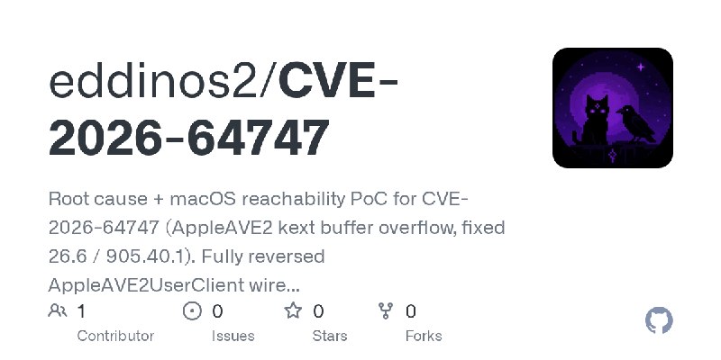 GitHub - eddinos2/CVE-2026-64747: Root cause + macOS reachability PoC for CVE-2026-64747 (AppleAVE2 kext buffer overflow, fixed…